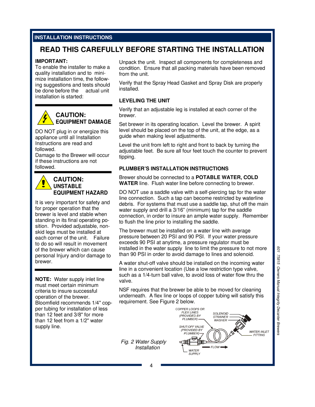 Bloomfield 9010, 9016, 9012 owner manual Leveling the Unit, PLUMBER’S Installation Instructions 