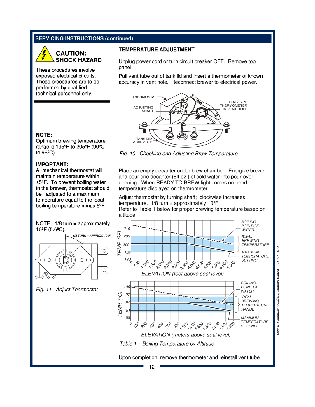 Bloomfield 9012, 9010, 9016 Shock Hazard, ELEVATION feet above seal level, Temp.ºc, SERVICING INSTRUCTIONS continued 