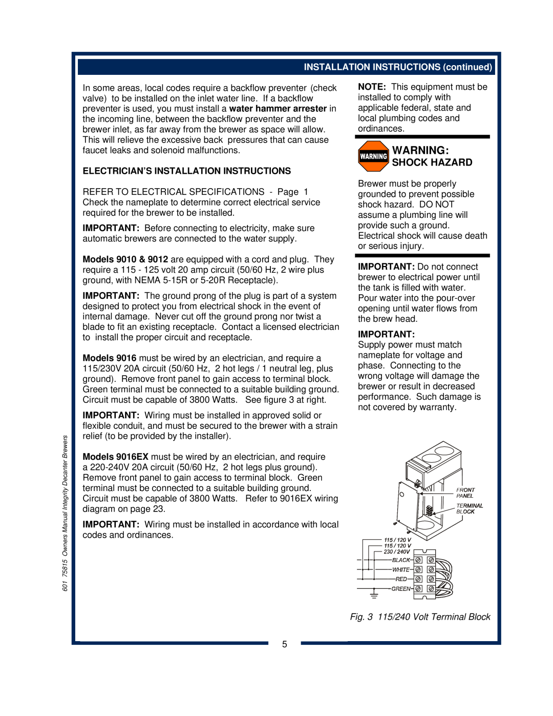 Bloomfield 9016, 9010, 9012 Shock Hazard, INSTALLATION INSTRUCTIONS continued, Electrician’S Installation Instructions 