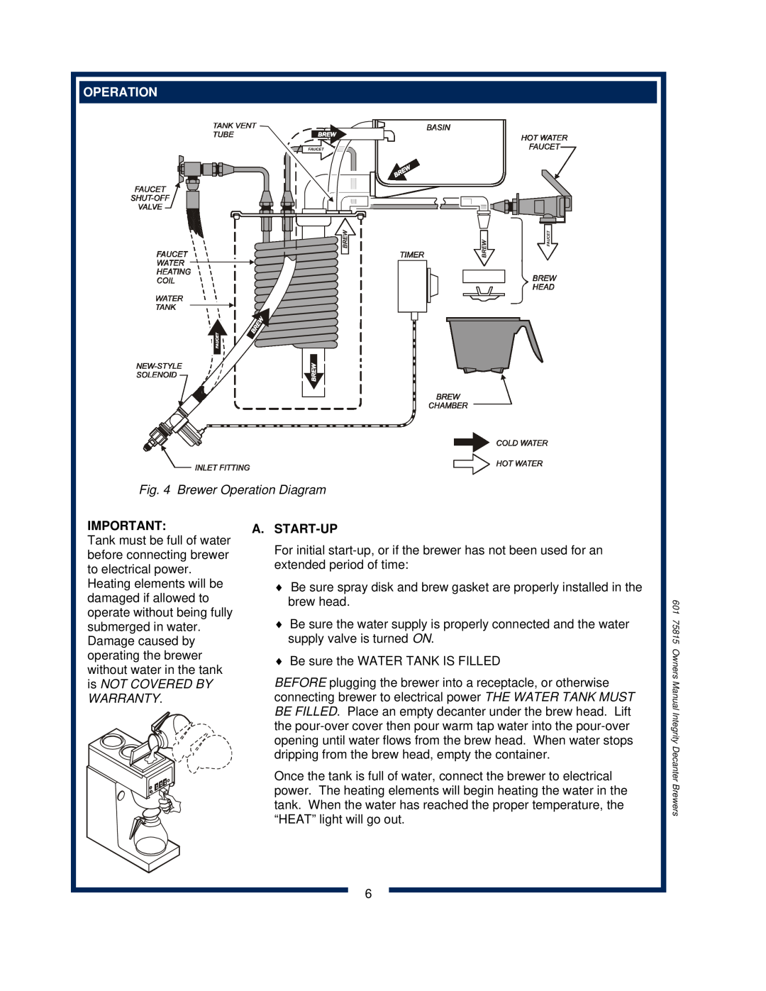 Bloomfield 9012, 9010, 9016 owner manual Brewer Operation Diagram, A.Start-Up 