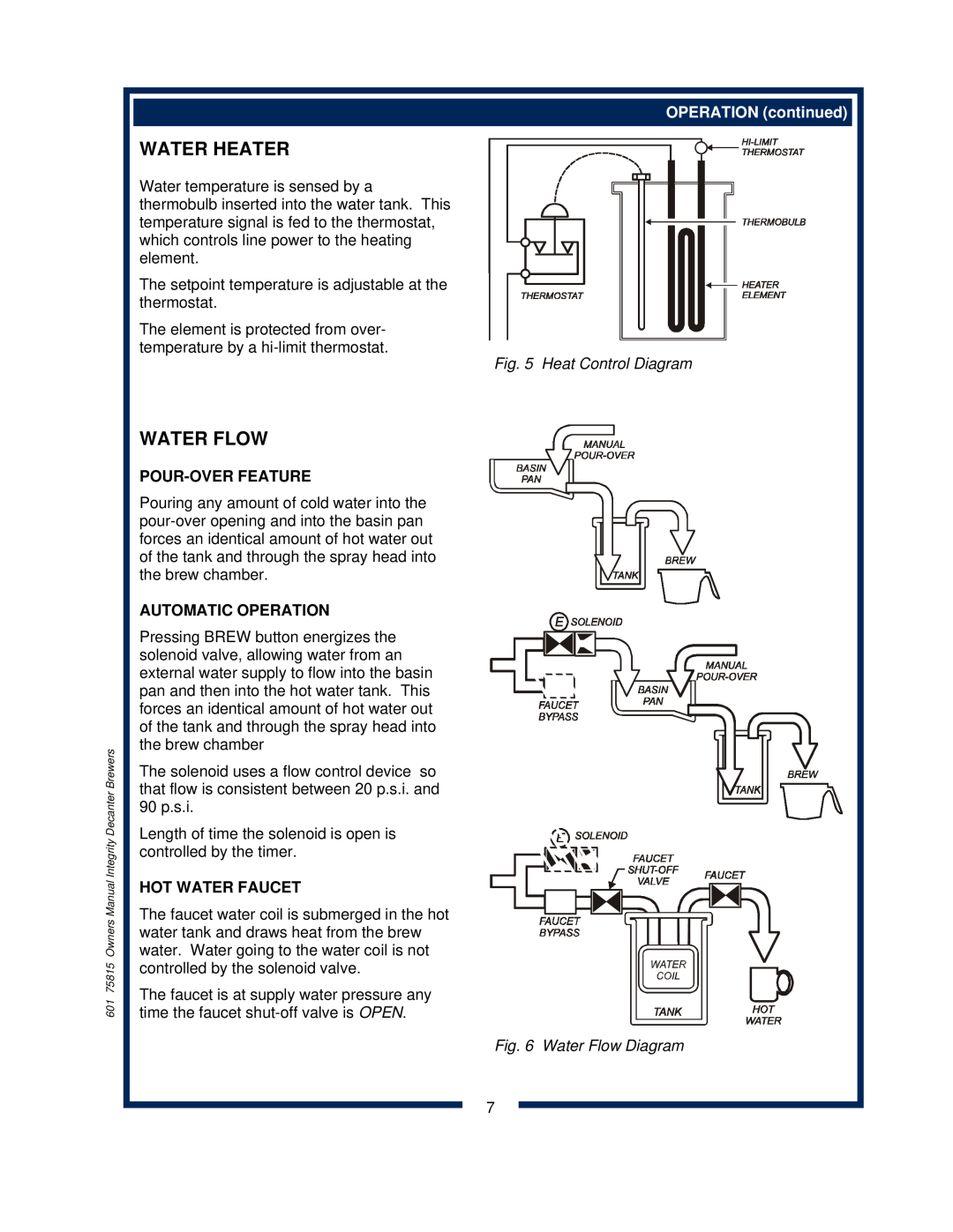 Bloomfield 9010 Water Heater, Water Flow, OPERATION continued, Heat Control Diagram, Pour-Overfeature, Automatic Operation 