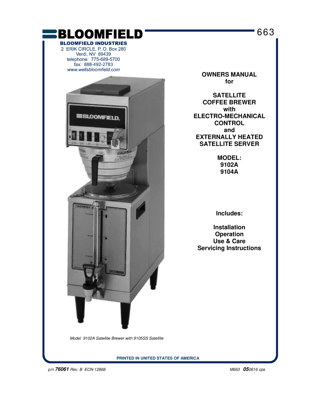 Bloomfield 9104A, 9102A owner manual For, With 