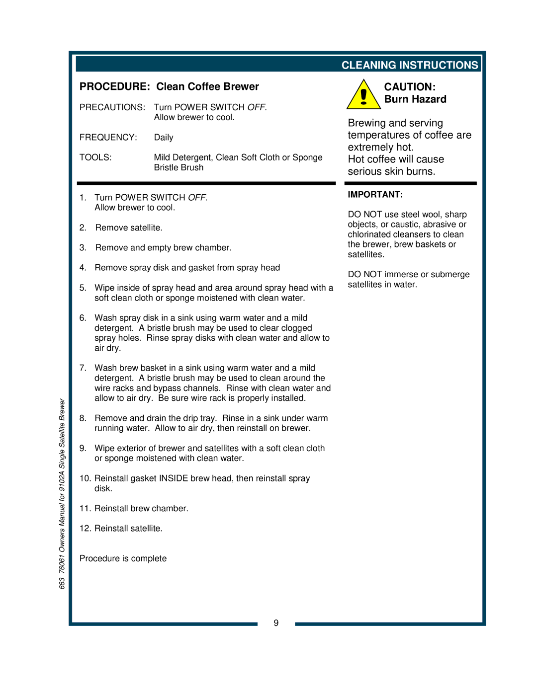 Bloomfield 9104A, 9102A owner manual Procedure Clean Coffee Brewer, Cleaning Instructions 