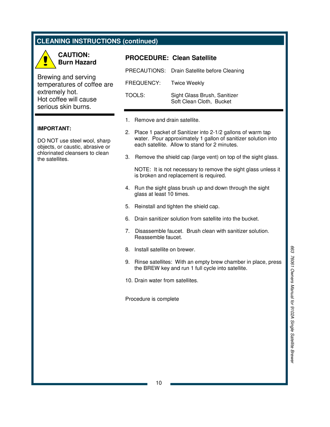 Bloomfield 9102A, 9104A owner manual Cleaning Instructions, Procedure Clean Satellite 