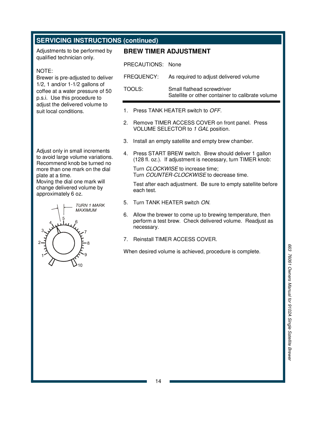 Bloomfield 9102A, 9104A owner manual Brew Timer Adjustment 