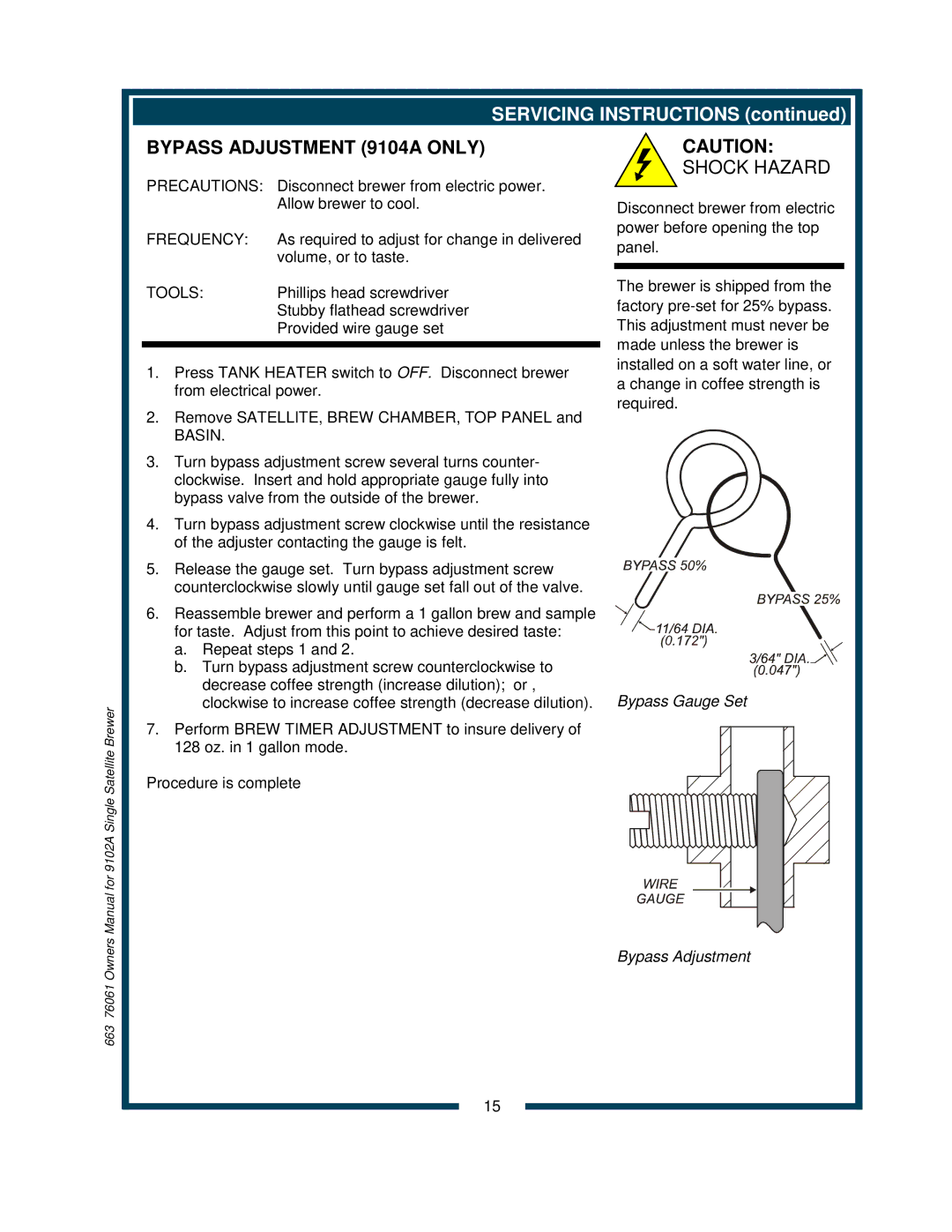 Bloomfield 9102A owner manual Bypass Adjustment 9104A only 