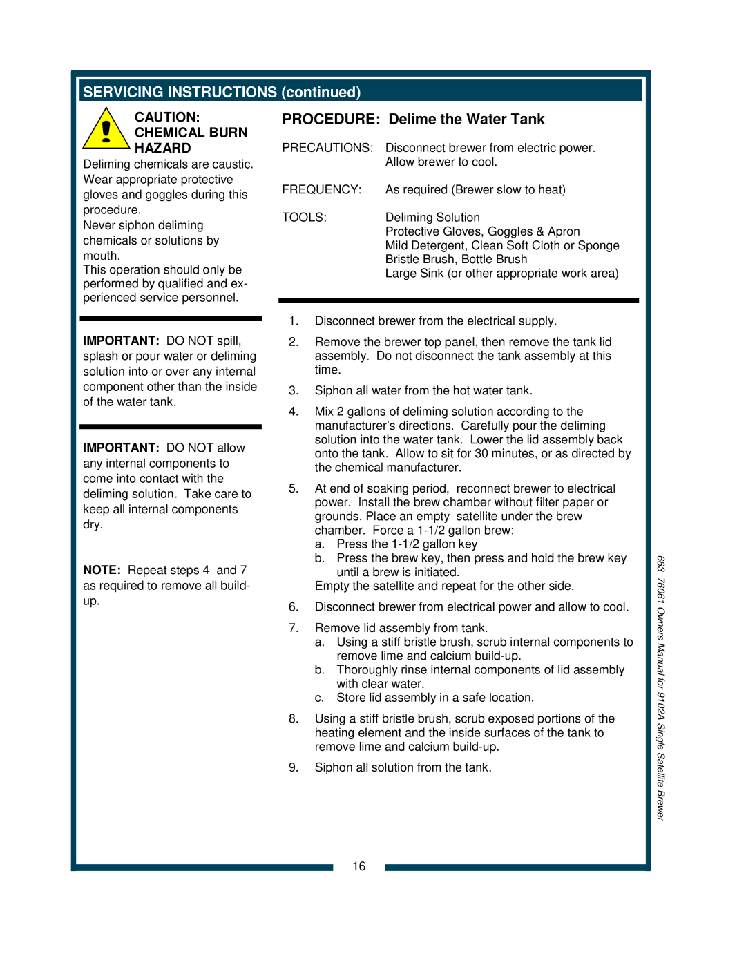 Bloomfield 9102A, 9104A owner manual Procedure Delime the Water Tank, Chemical Burn Hazard 