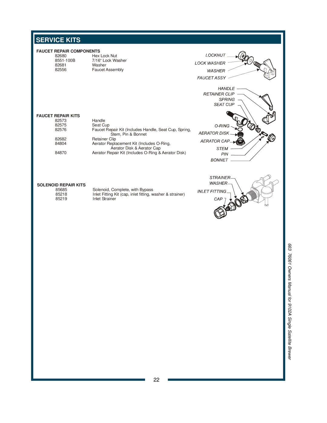 Bloomfield 9102A, 9104A owner manual Service Kits, Faucet Repair Kits 