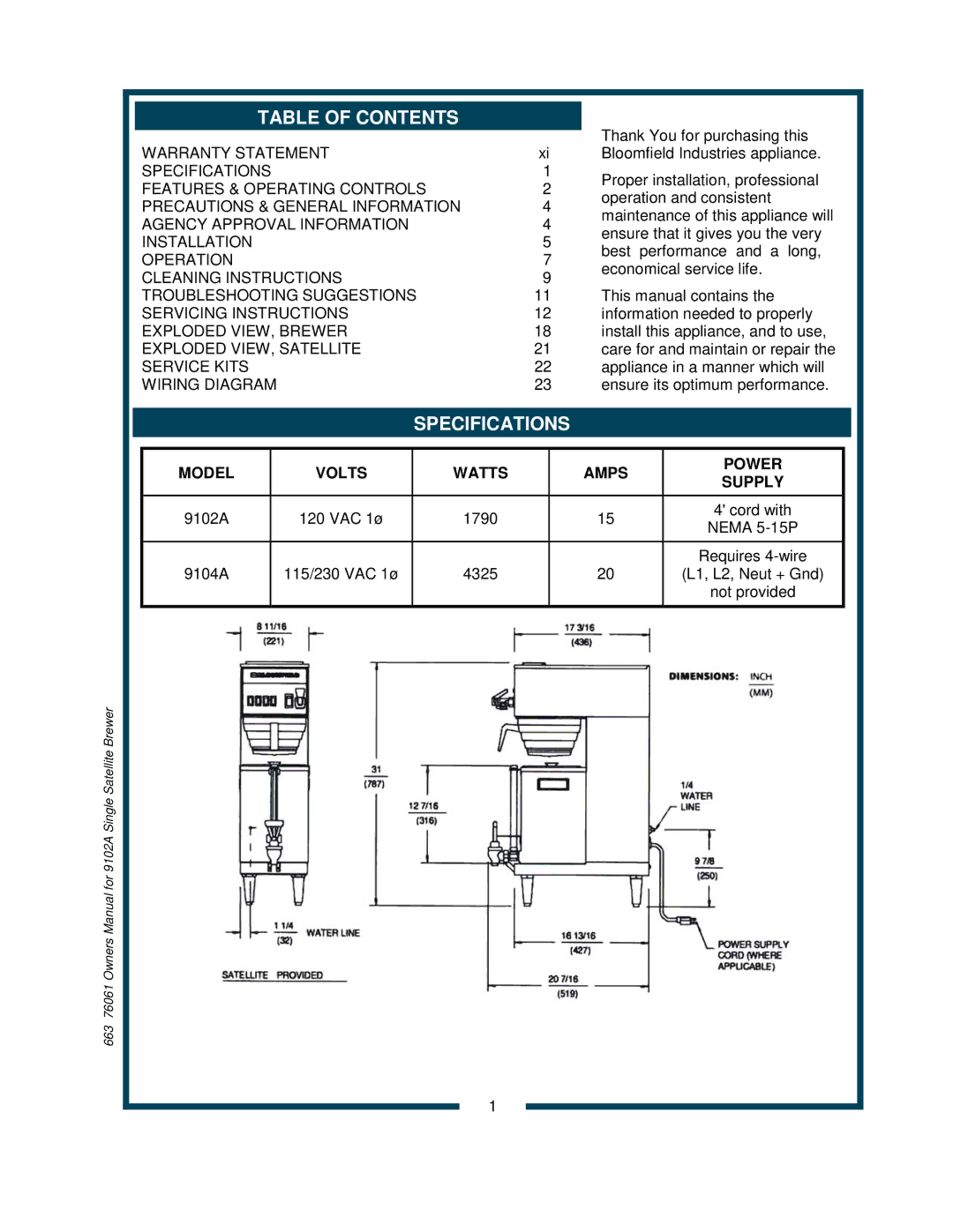 Bloomfield 9104A, 9102A owner manual Table of Contents, Specifications 