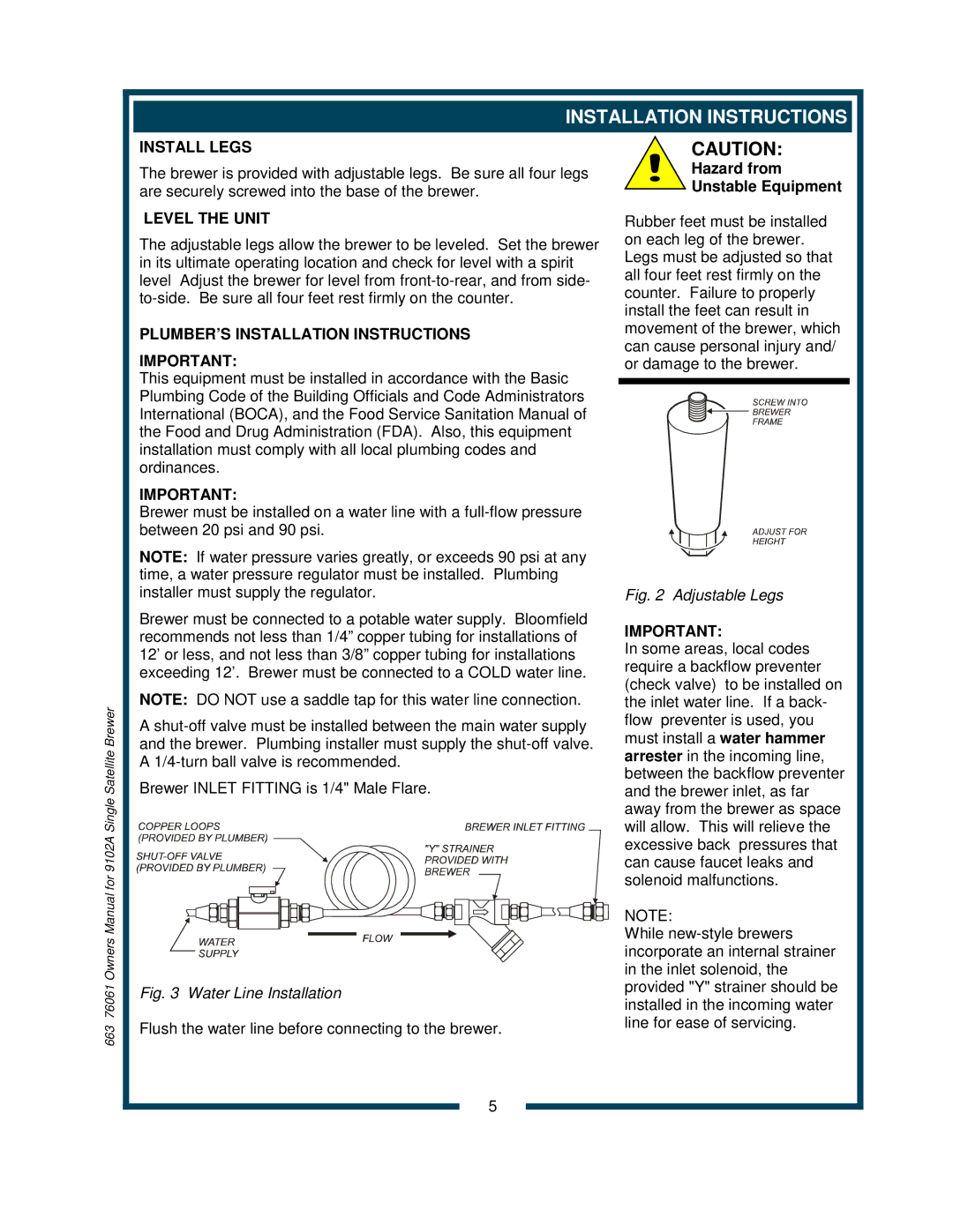 Bloomfield 9104A, 9102A owner manual Install Legs, Level the Unit, PLUMBER’S Installation Instructions 