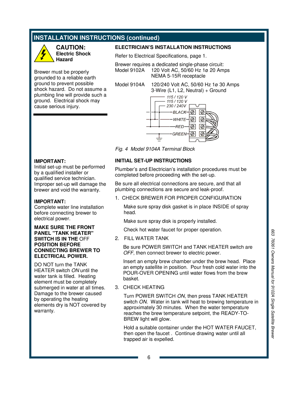 Bloomfield 9102A, 9104A owner manual ELECTRICIAN’S Installation Instructions, Initial SET-UP Instructions 