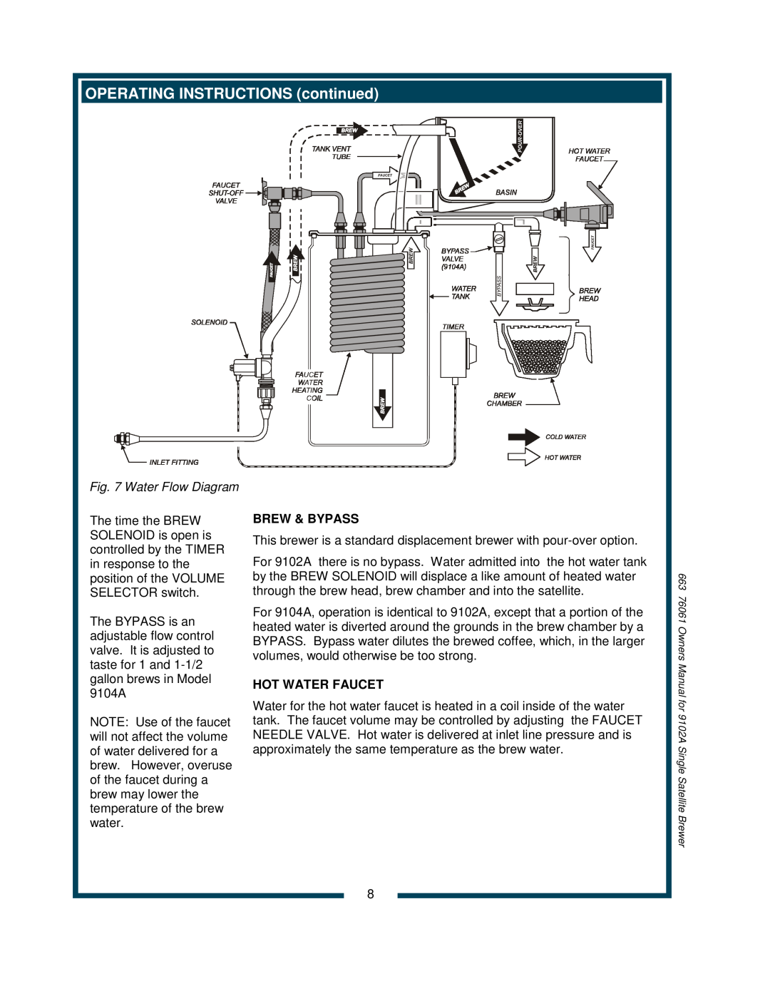 Bloomfield 9102A, 9104A owner manual OPERATING INSTRUCTIONS continued, Brew & Bypass, Hot Water Faucet 