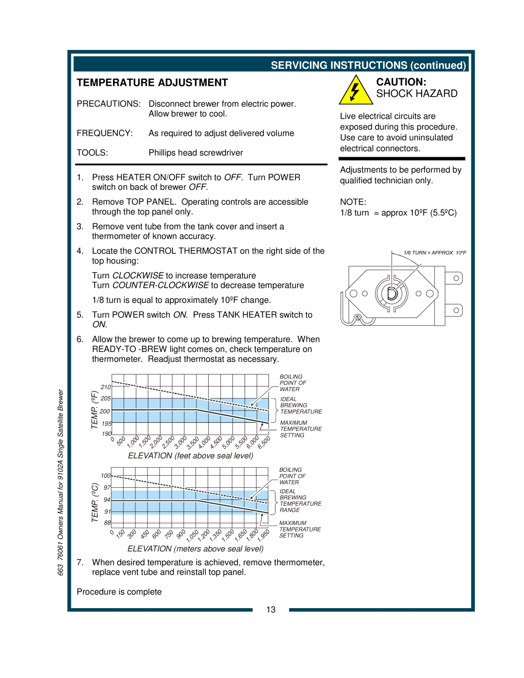 Bloomfield 9104A, 9102A owner manual SERVICING INSTRUCTIONS continued, Temperature Adjustment 