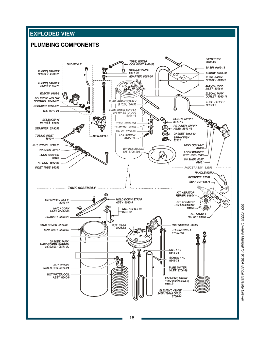 Bloomfield 9104A owner manual Exploded View, Plumbing Components, Owners Manual for 9102A Single Satellite Brewer 