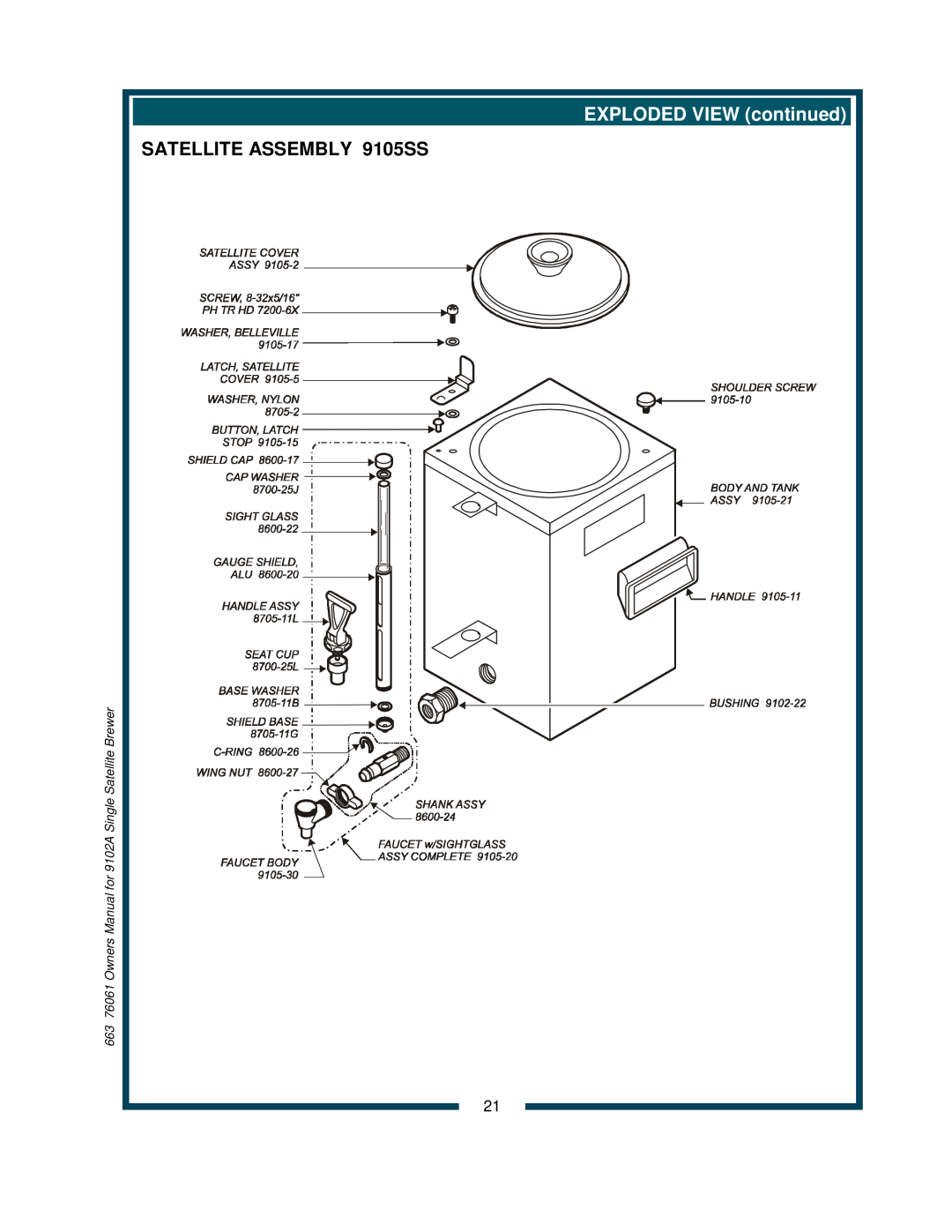 Bloomfield 9104A, 9102A owner manual SATELLITE ASSEMBLY 9105SS, EXPLODED VIEW continued 