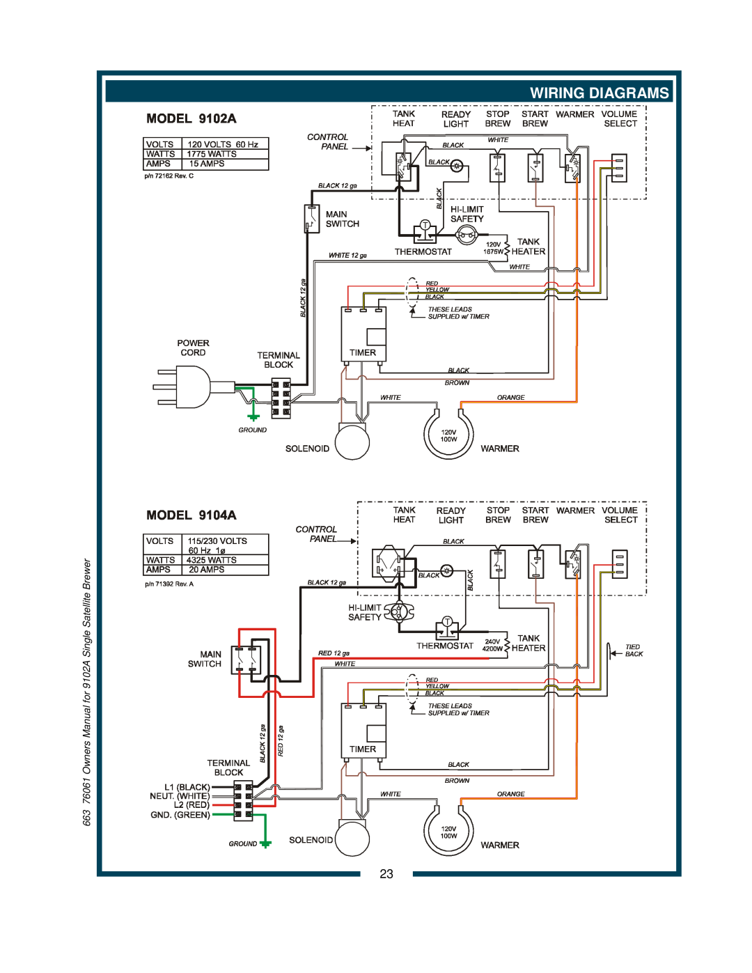 Bloomfield 9104A owner manual Wiring Diagrams, 663 76061 Owners Manual for 9102A Single Satellite Brewer 