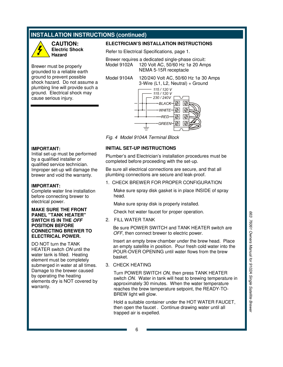 Bloomfield 9102A INSTALLATION INSTRUCTIONS continued, Electric Shock Hazard, Electrician’S Installation Instructions 