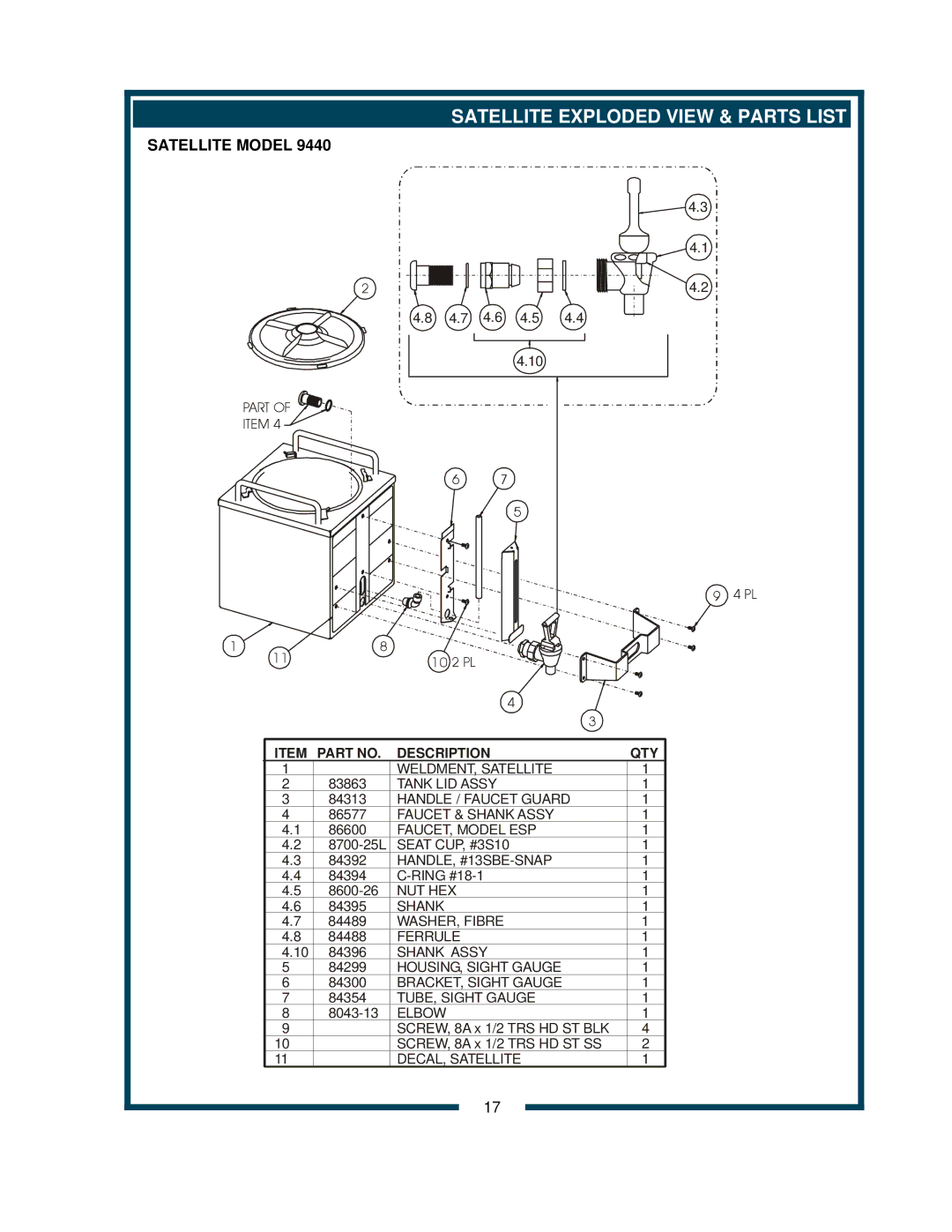 Bloomfield 9220 9221 owner manual Satellite Exploded View & Parts List, Satellite Model 