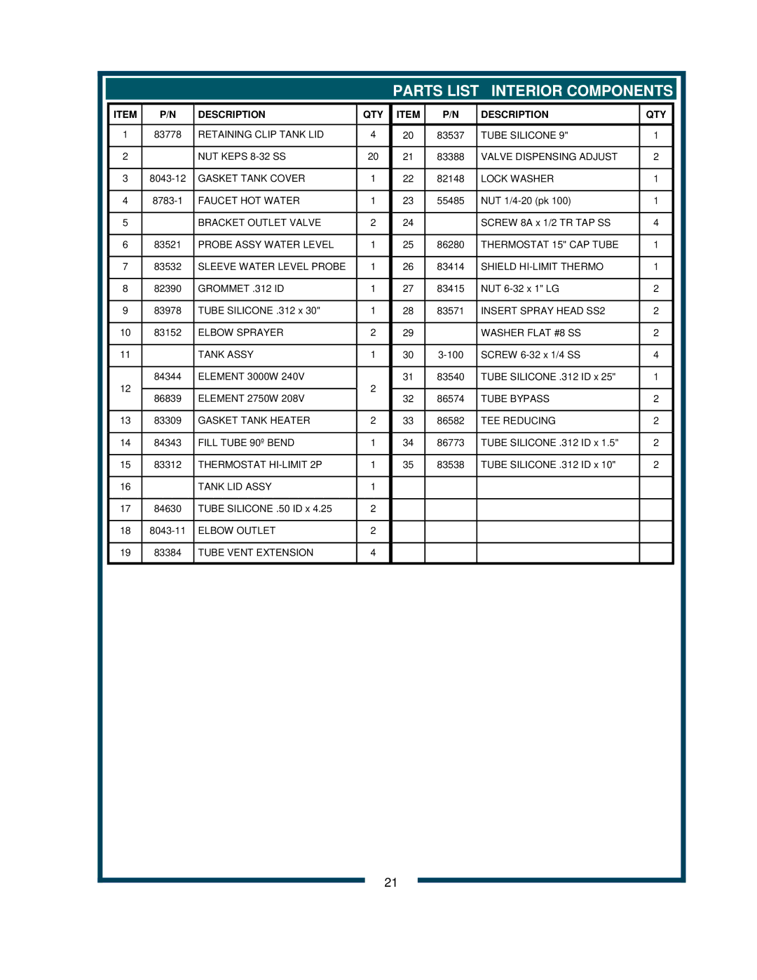 Bloomfield 9220 9221 owner manual Parts List Interior Components, Elbow Sprayer Washer Flat #8 SS Tank Assy 