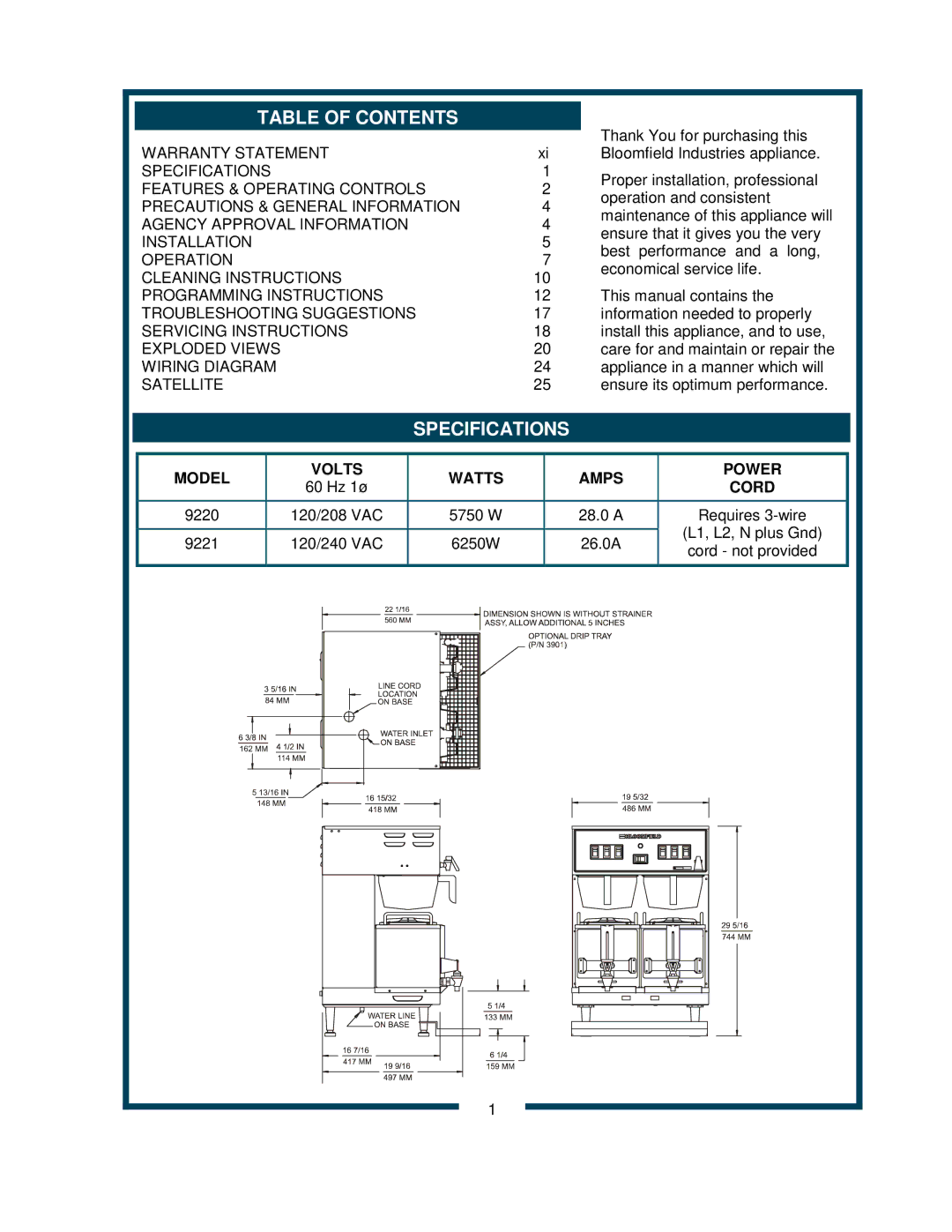 Bloomfield 9220 9221 owner manual Table of Contents, Specifications 