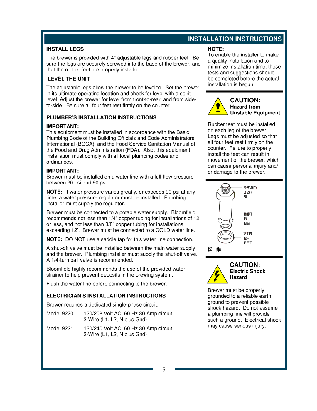 Bloomfield 9220 9221 owner manual Install Legs, Level the Unit, PLUMBER’S Installation Instructions 