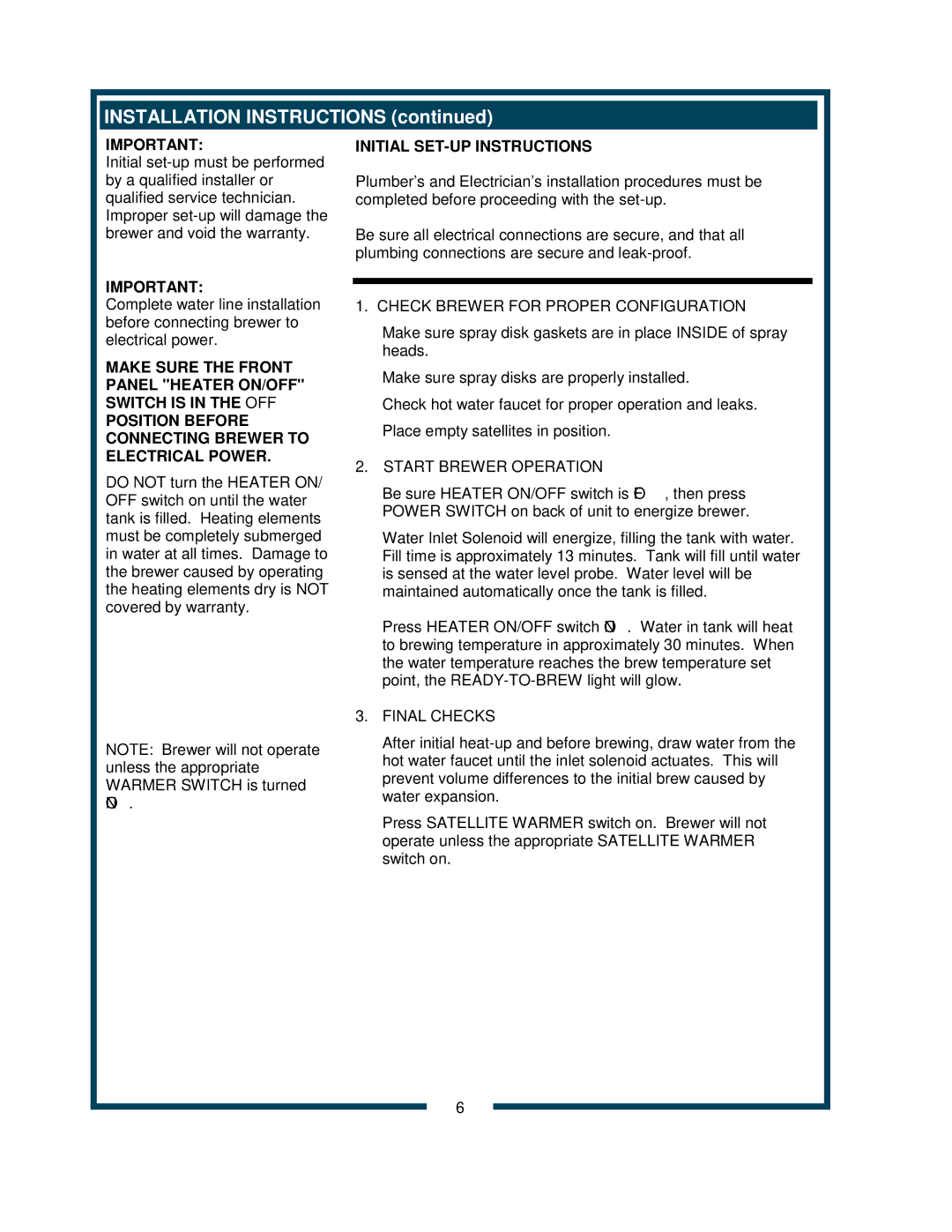 Bloomfield 9220 9221 owner manual Installation Instructions, Initial SET-UP Instructions 