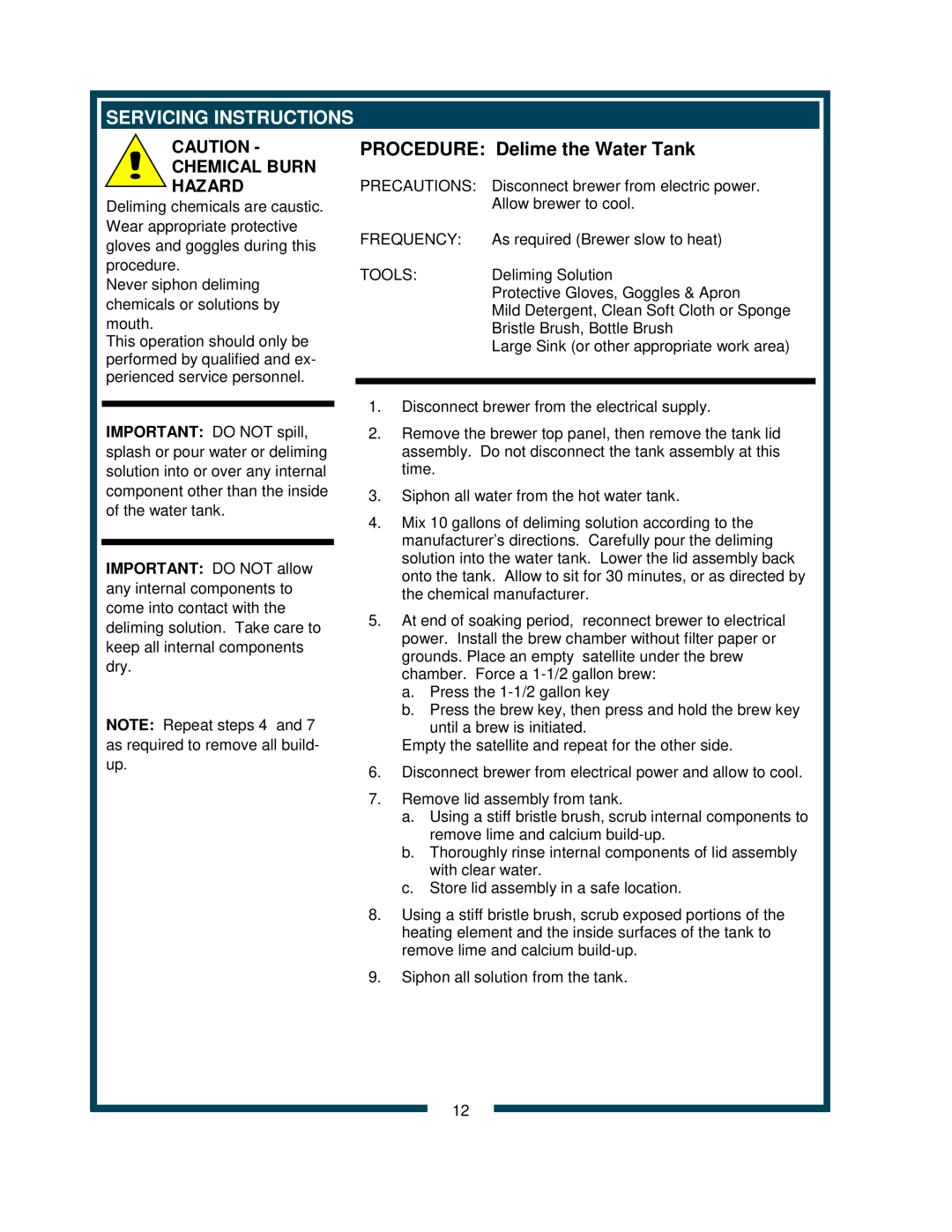 Bloomfield 9220 9221 owner manual Servicing Instructions, PROCEDURE Delime the Water Tank, Chemical Burn Hazard 