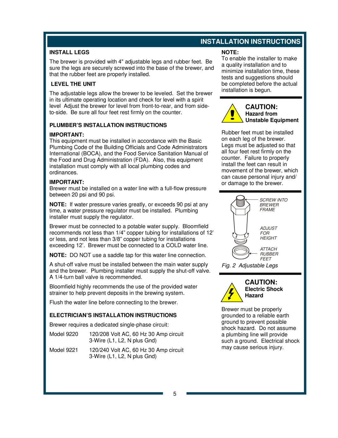 Bloomfield 9220 9221 Install Legs, Level The Unit, Plumber’S Installation Instructions, Hazard from Unstable Equipment 