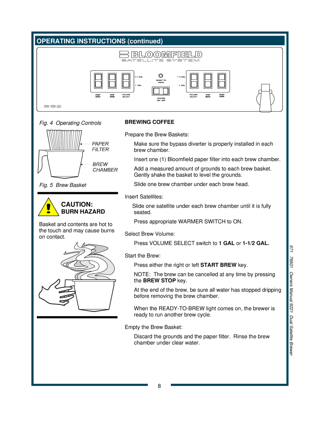 Bloomfield 9221, 9220 owner manual Operating Instructions, Brewing Coffee 