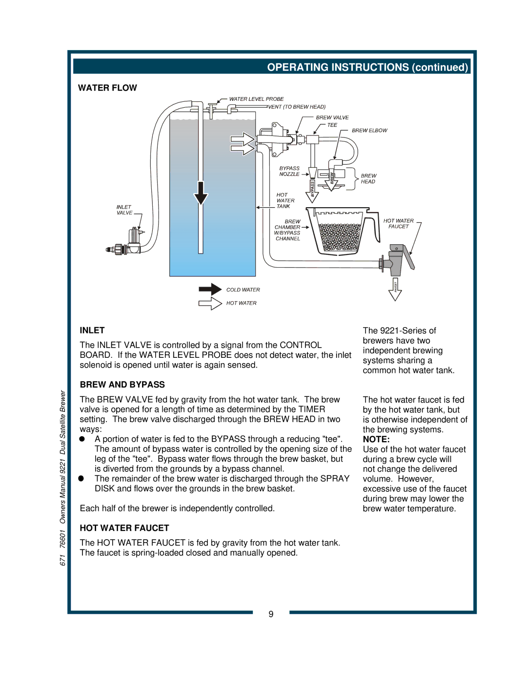 Bloomfield 9220, 9221 owner manual Water Flow Inlet, Brew and Bypass, HOT Water Faucet 