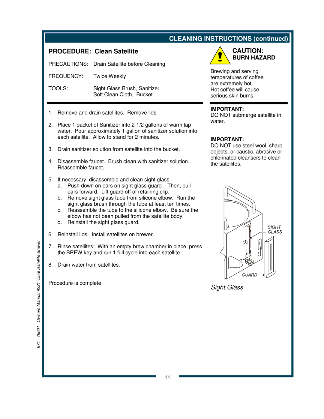 Bloomfield 9220, 9221 owner manual Cleaning Instructions, Procedure Clean Satellite 