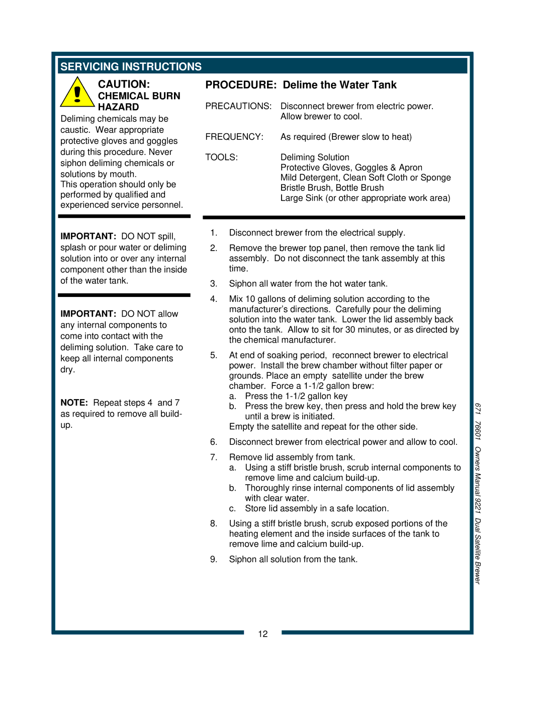 Bloomfield 9221, 9220 owner manual Servicing Instructions, Chemical Burn Hazard 