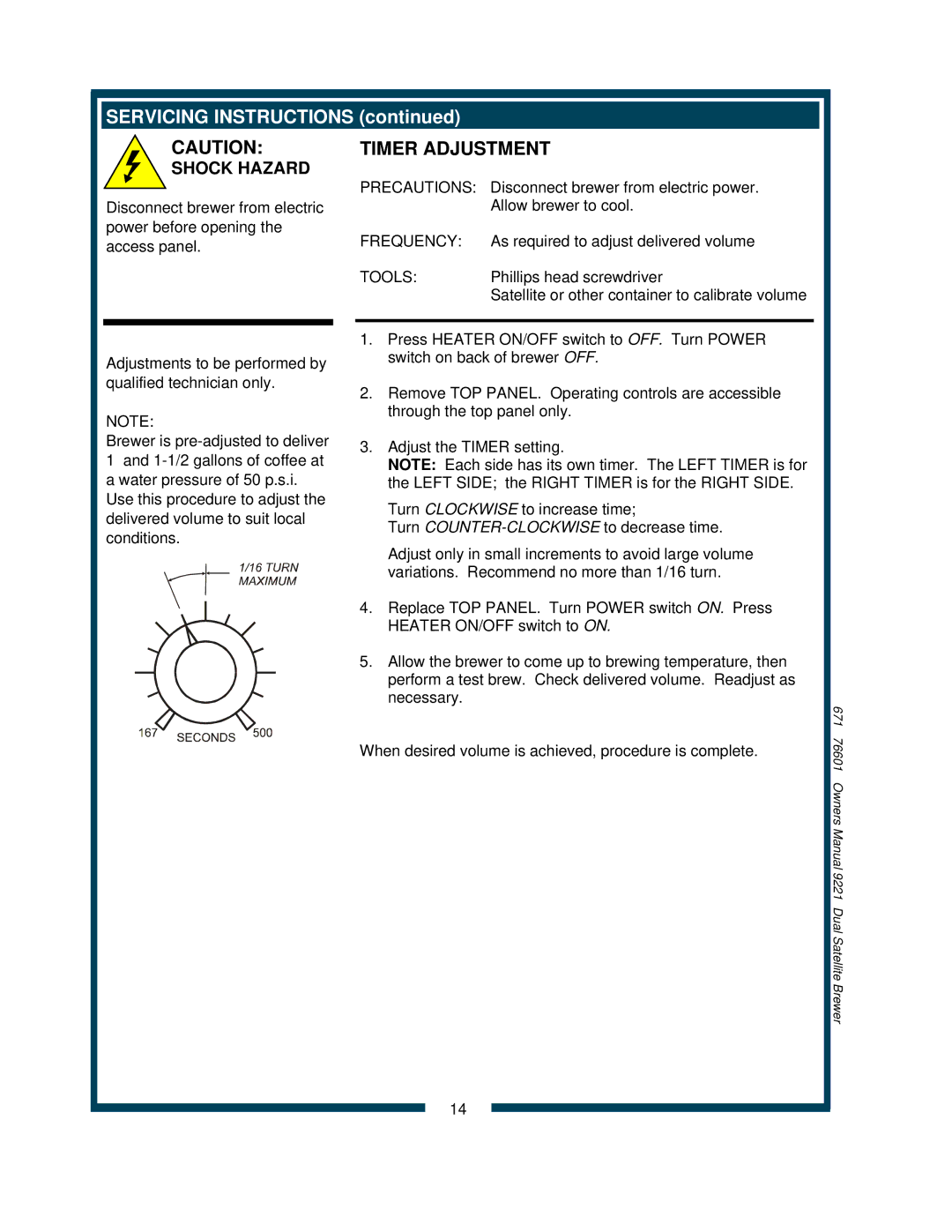 Bloomfield 9221, 9220 owner manual Timer Adjustment 