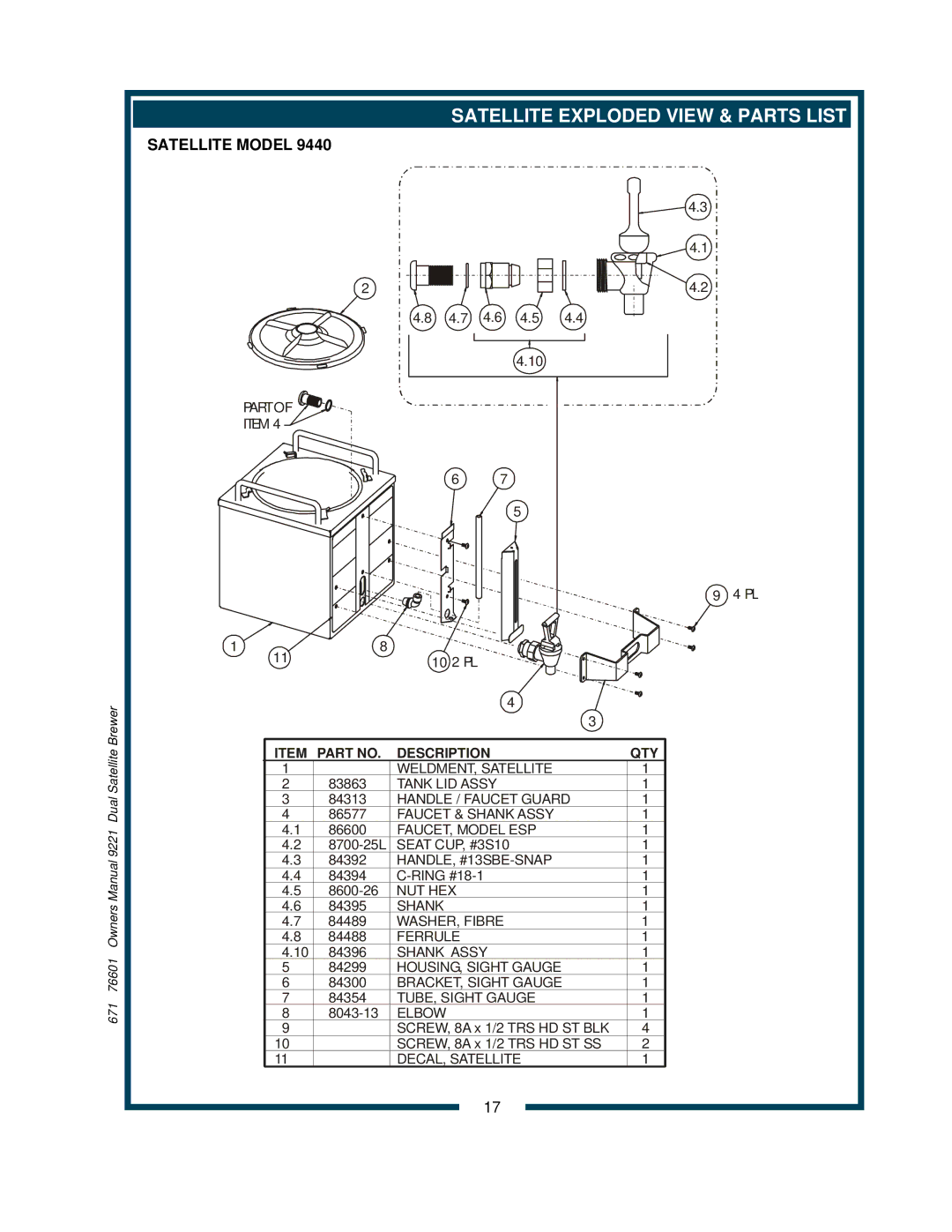 Bloomfield 9220, 9221 owner manual Satellite Exploded View & Parts List, Satellite Model 