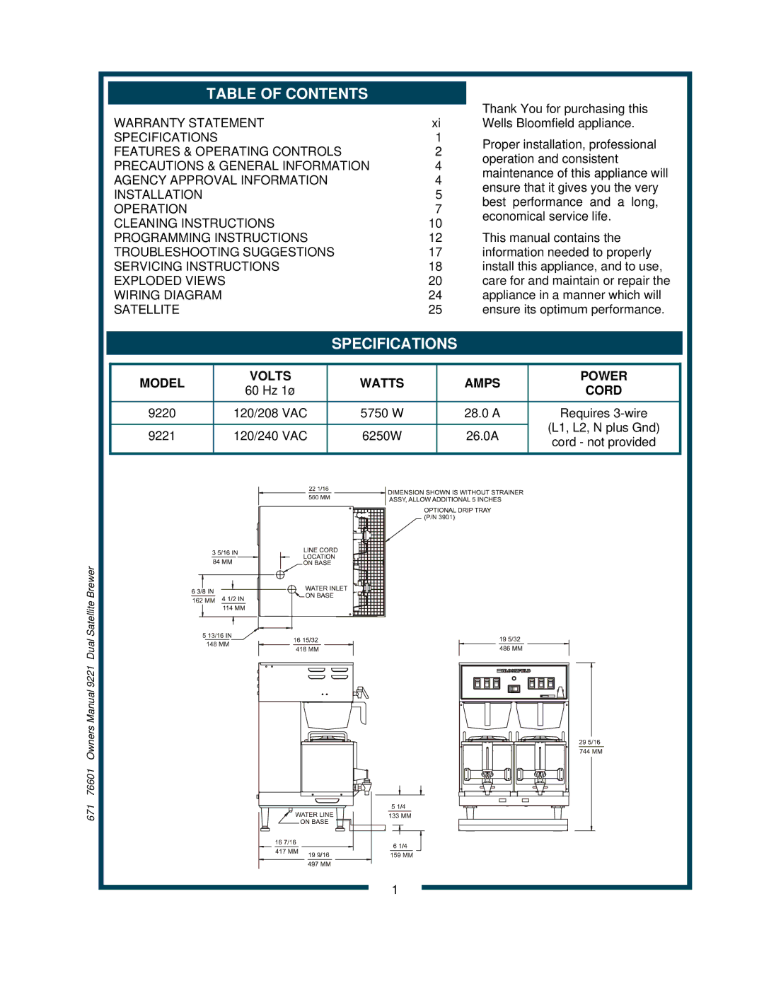 Bloomfield 9220, 9221 owner manual Table of Contents, Specifications 