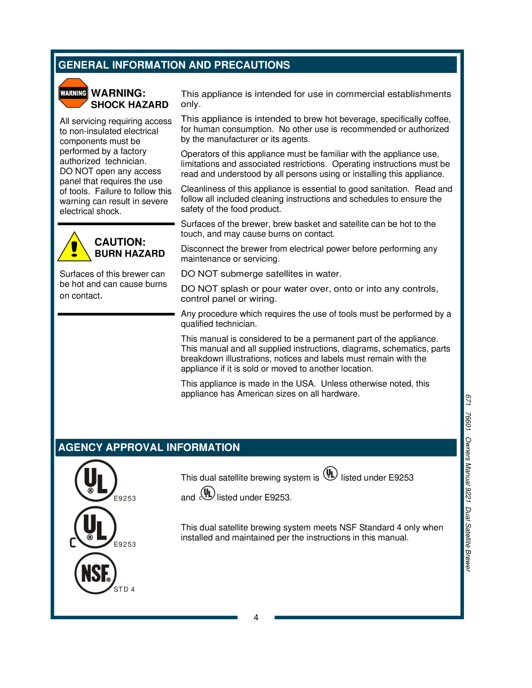 Bloomfield 9221, 9220 owner manual General Information and Precautions, Agency Approval Information 