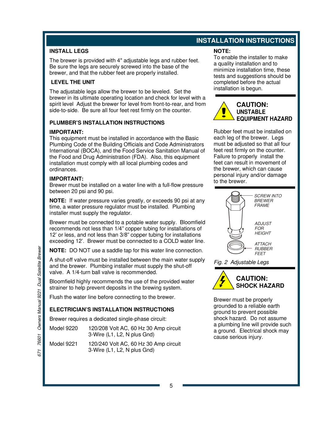 Bloomfield 9220, 9221 owner manual Install Legs, Level the Unit, PLUMBER’S Installation Instructions 