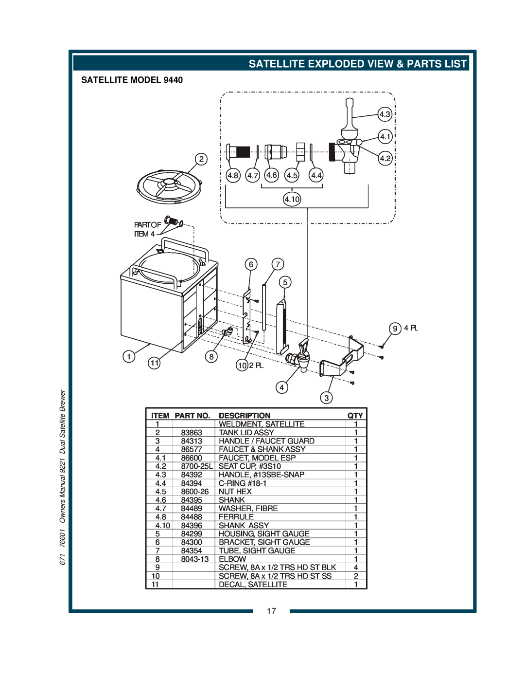 Bloomfield 9220, 9221 owner manual Satellite Exploded View & Parts List, Satellite Model, Description 