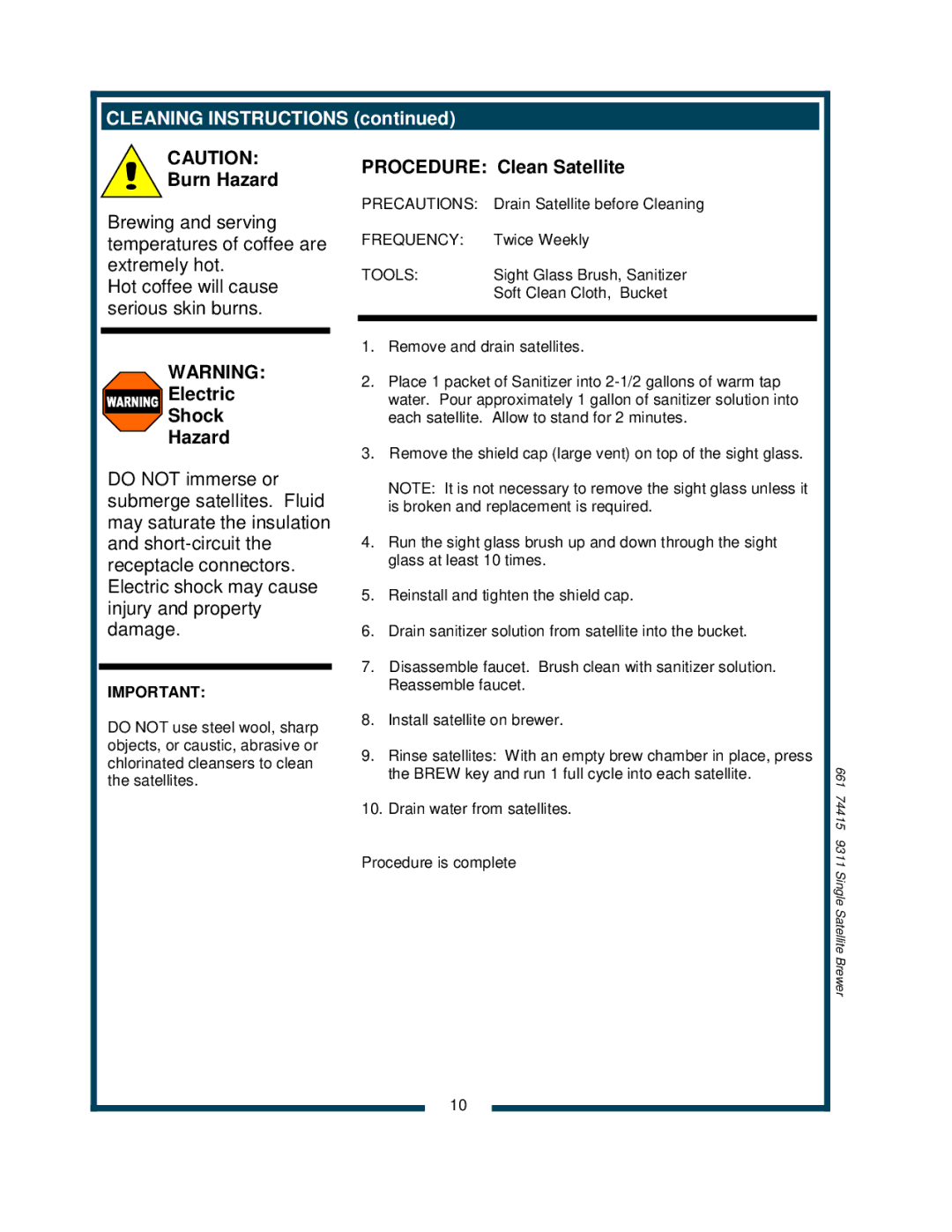 Bloomfield 9311 owner manual Cleaning Instructions, Electric Shock Hazard, Procedure Clean Satellite 