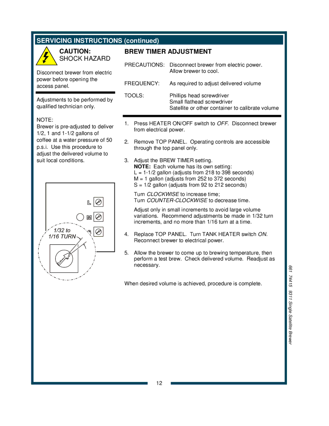 Bloomfield 9311 owner manual Servicing Instructions, Brew Timer Adjustment 