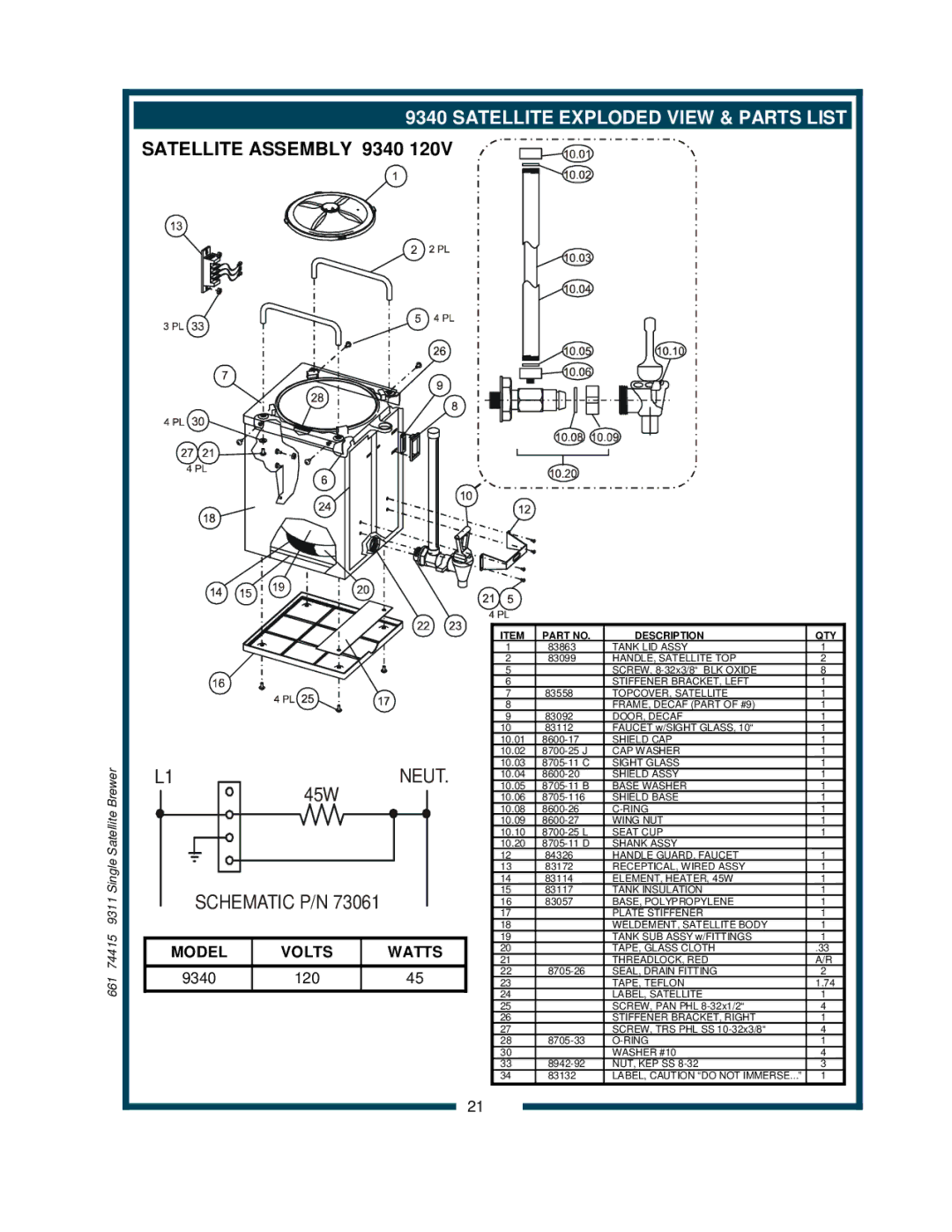 Bloomfield 9311 owner manual Satellite Exploded View & Parts List, Model Volts Watts, 9340 120 