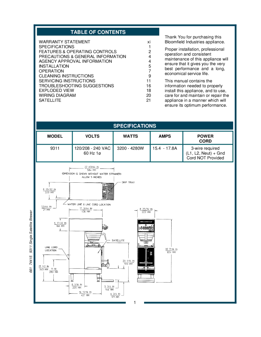 Bloomfield 9311 owner manual Table of Contents, Specifications 