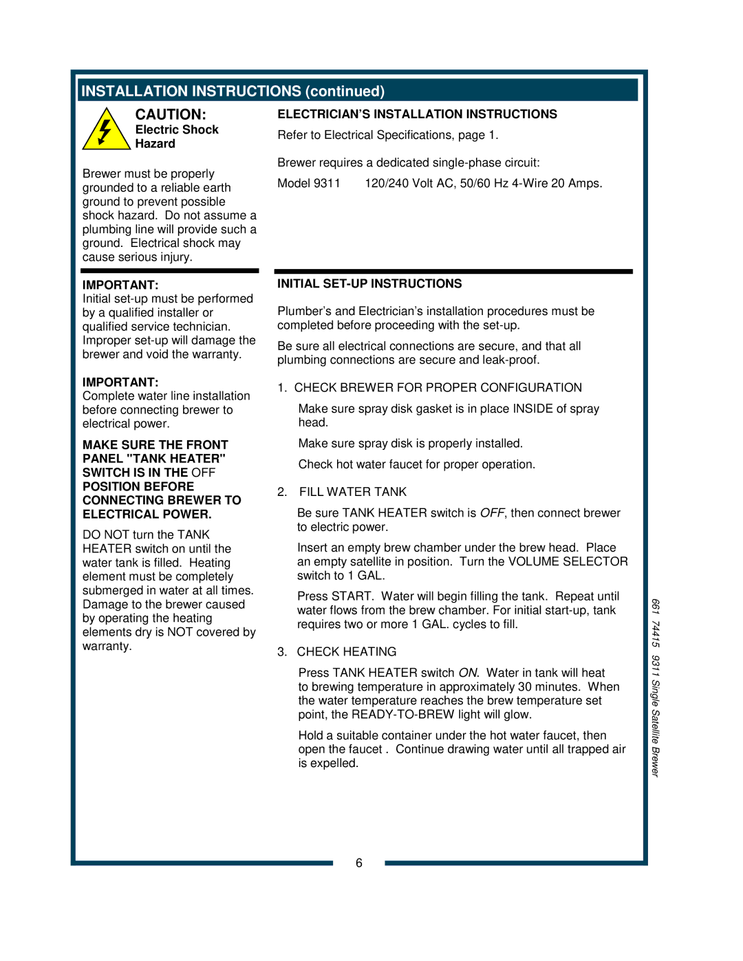 Bloomfield 9311 Electric Shock Hazard, ELECTRICIAN’S Installation Instructions, Initial SET-UP Instructions 