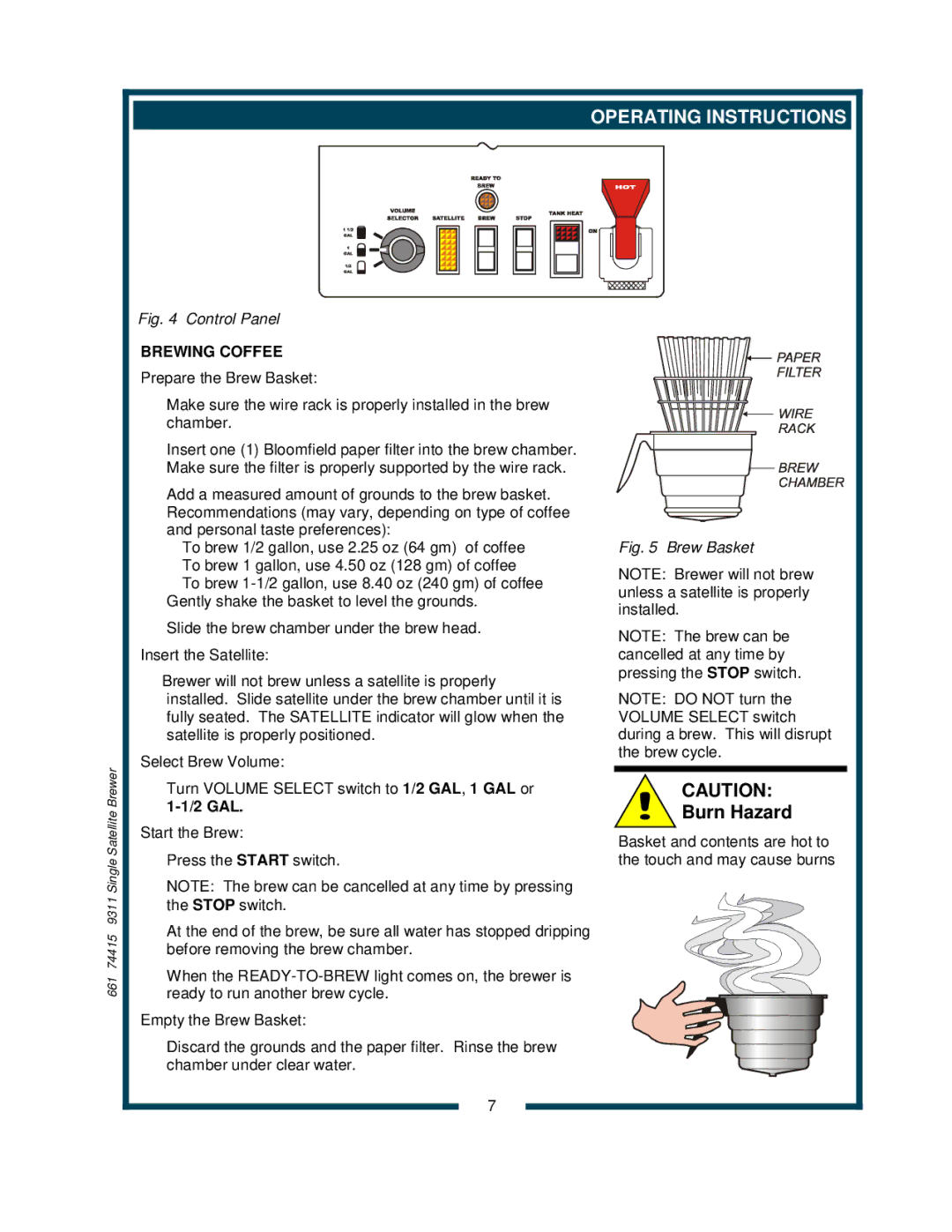 Bloomfield 9311 owner manual Operating Instructions, Brewing Coffee, 2 GAL 