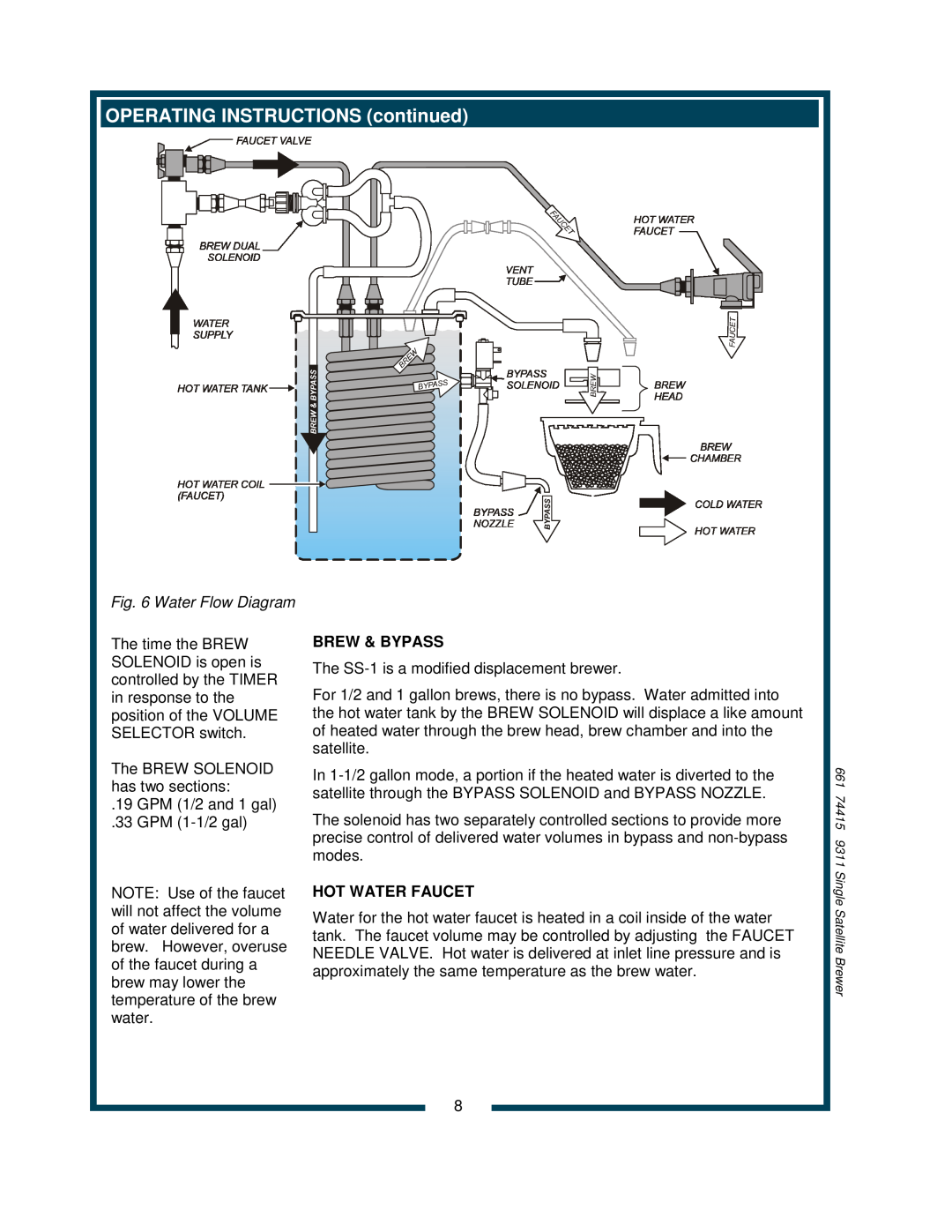 Bloomfield 9311 owner manual OPERATING INSTRUCTIONS continued, Water Flow Diagram, Brew & Bypass, Hot Water Faucet 