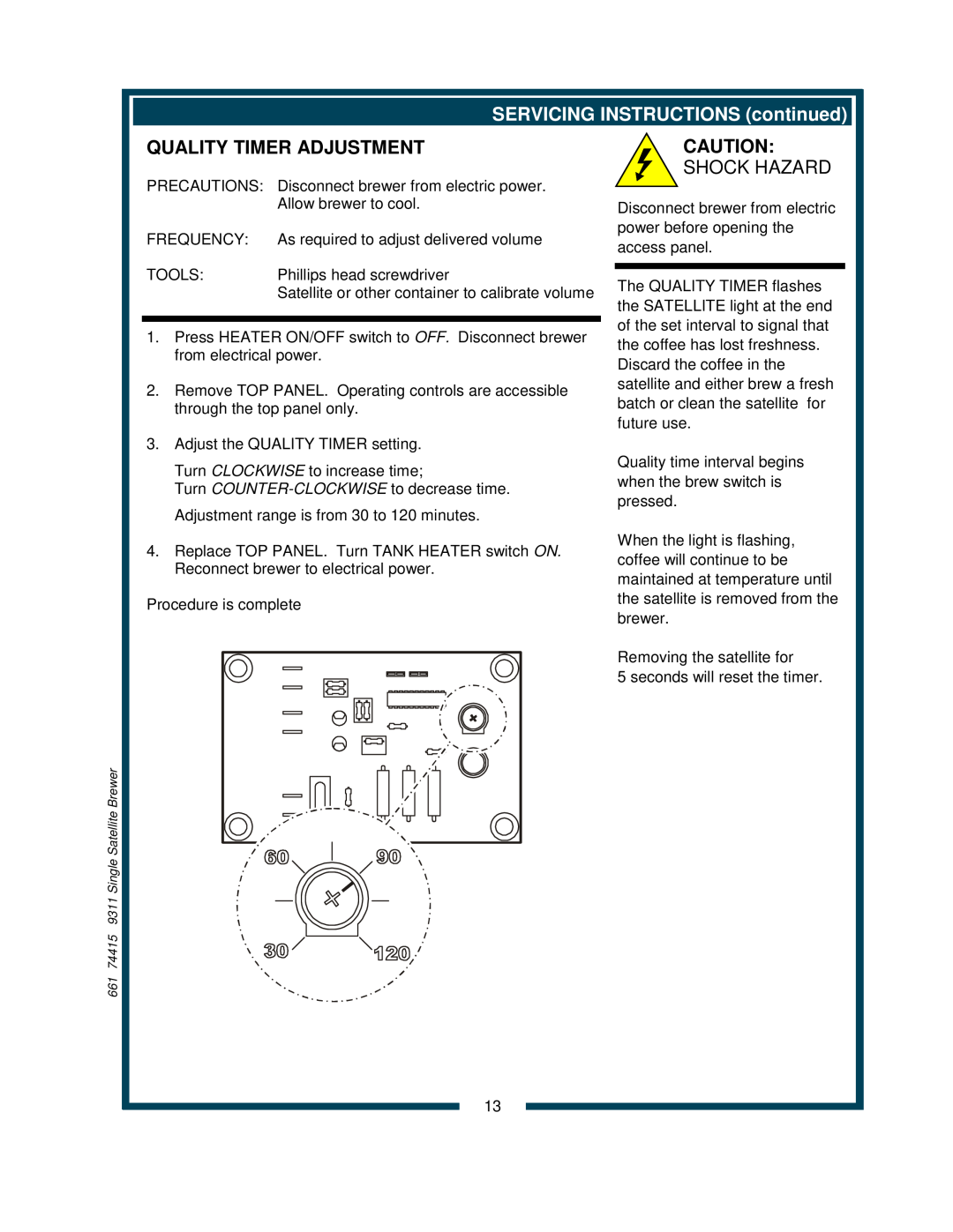 Bloomfield 9311 owner manual Quality Timer Adjustment, SERVICING INSTRUCTIONS continued 