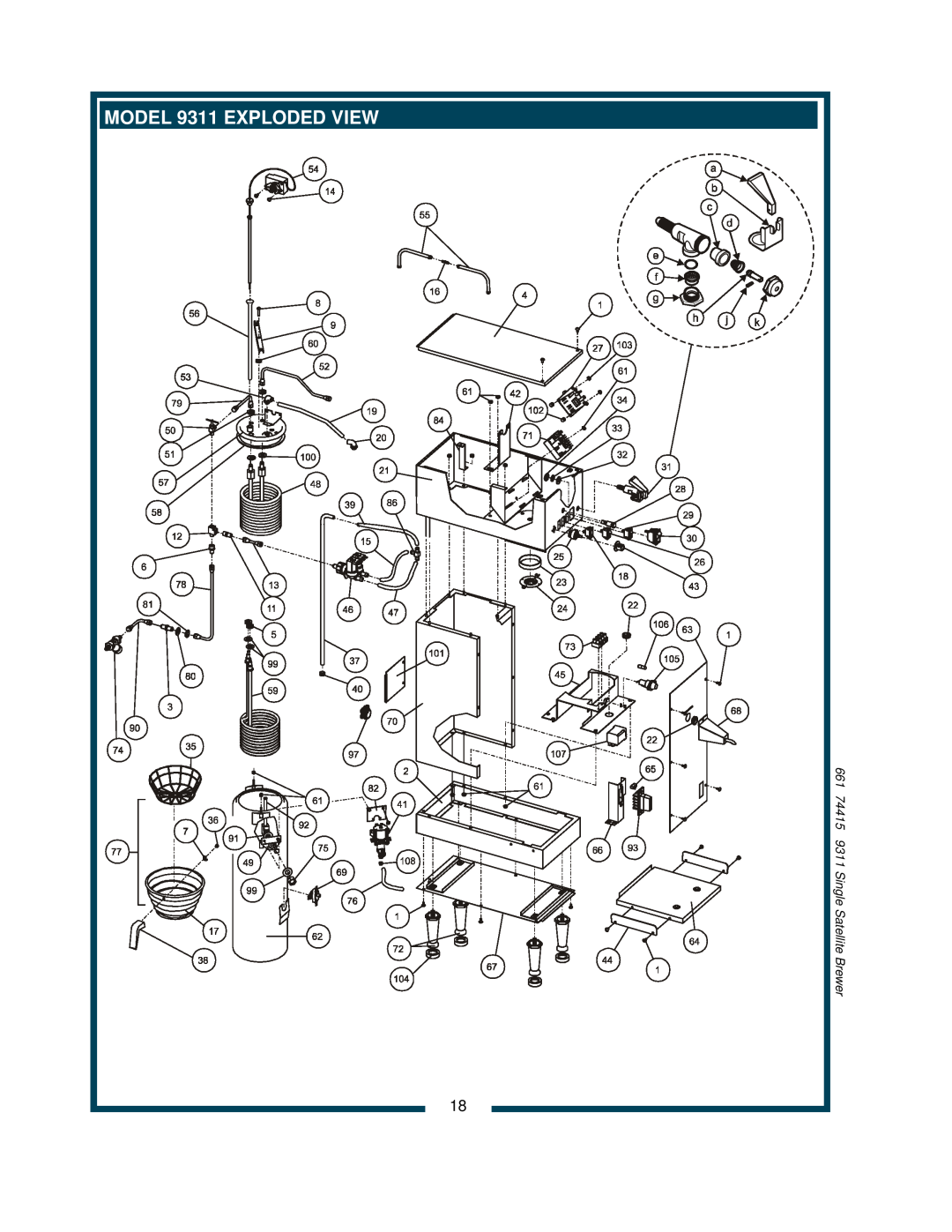 Bloomfield owner manual MODEL 9311 EXPLODED VIEW, 74415, Single Satellite Brewer 