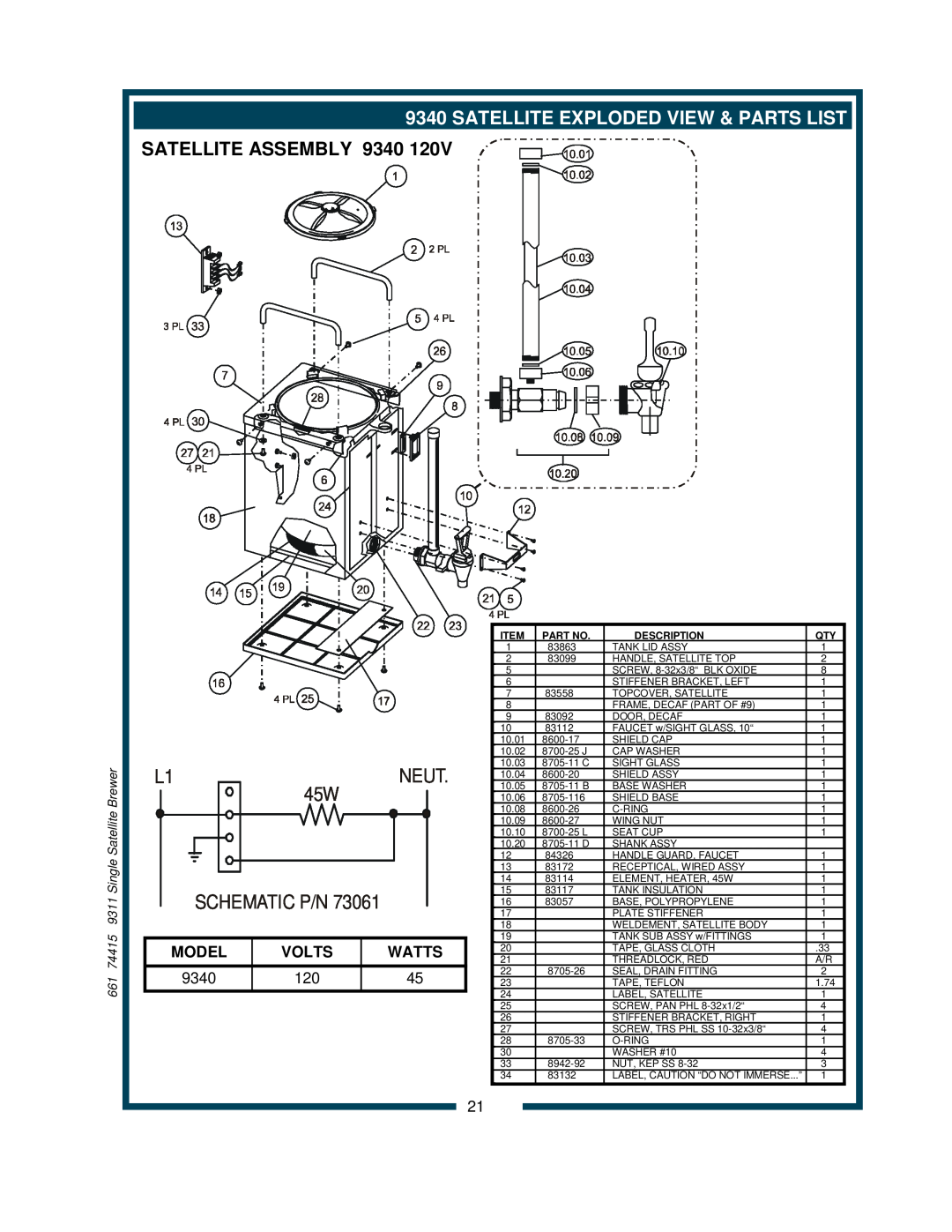 Bloomfield 9311 Satellite Exploded View & Parts List, Satellite Assembly, L1NEUT 45W SCHEMATIC P/N, Model, Volts, Watts 