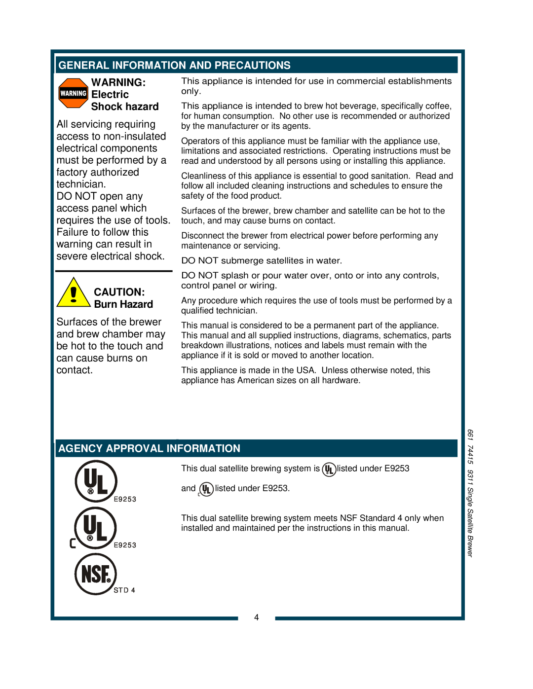 Bloomfield 9311 owner manual General Information And Precautions, WARNING Electric Shock hazard, Burn Hazard 