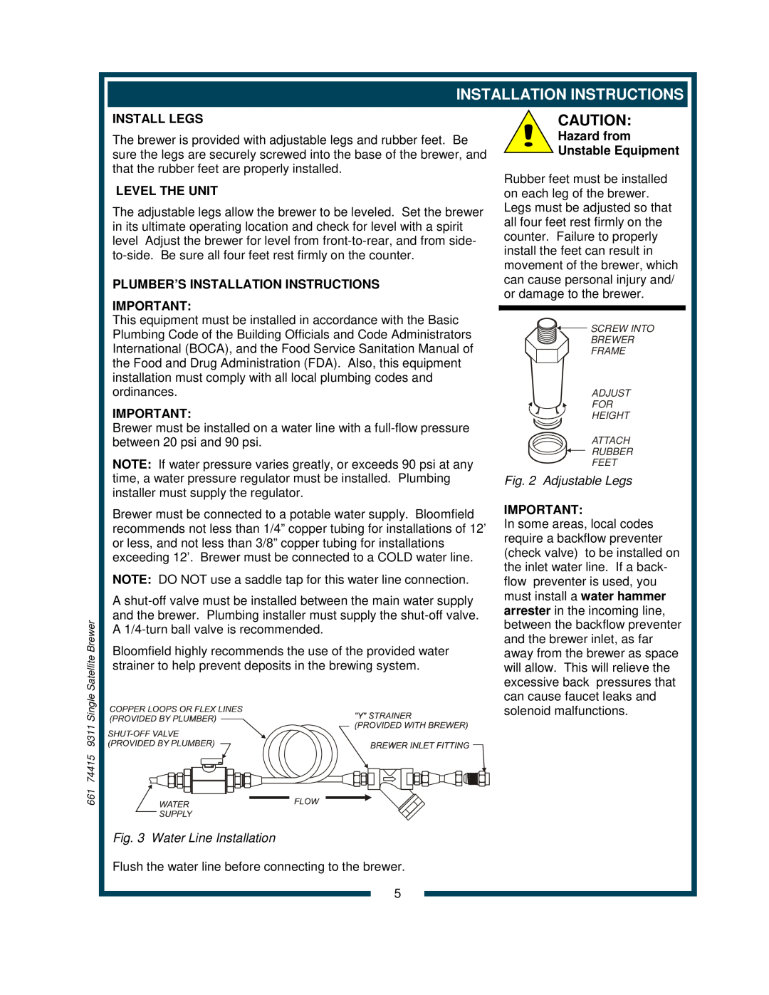 Bloomfield 9311 owner manual Install Legs, Level The Unit, Plumber’S Installation Instructions, Water Line Installation 